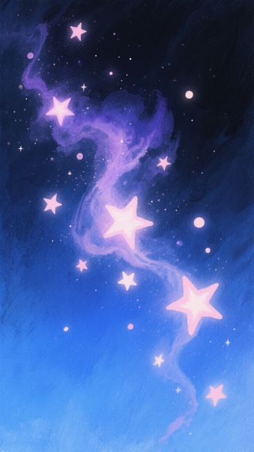 璀璨星光在深邃的宇宙背景中闪烁，呈现出梦幻的水彩风格。画面中，星星以柔和的笔触散布，大小不一，亮度各异，营造出层次感。深蓝色的夜空带有渐变效果，从底部的靛蓝逐渐过渡到顶部的墨黑，其间点缀着淡淡的紫色和粉色星云，增添了浪漫氛围。整体色调温暖而神秘，星光仿佛在流动，给人一种宁静而悠远的感觉。预览效果