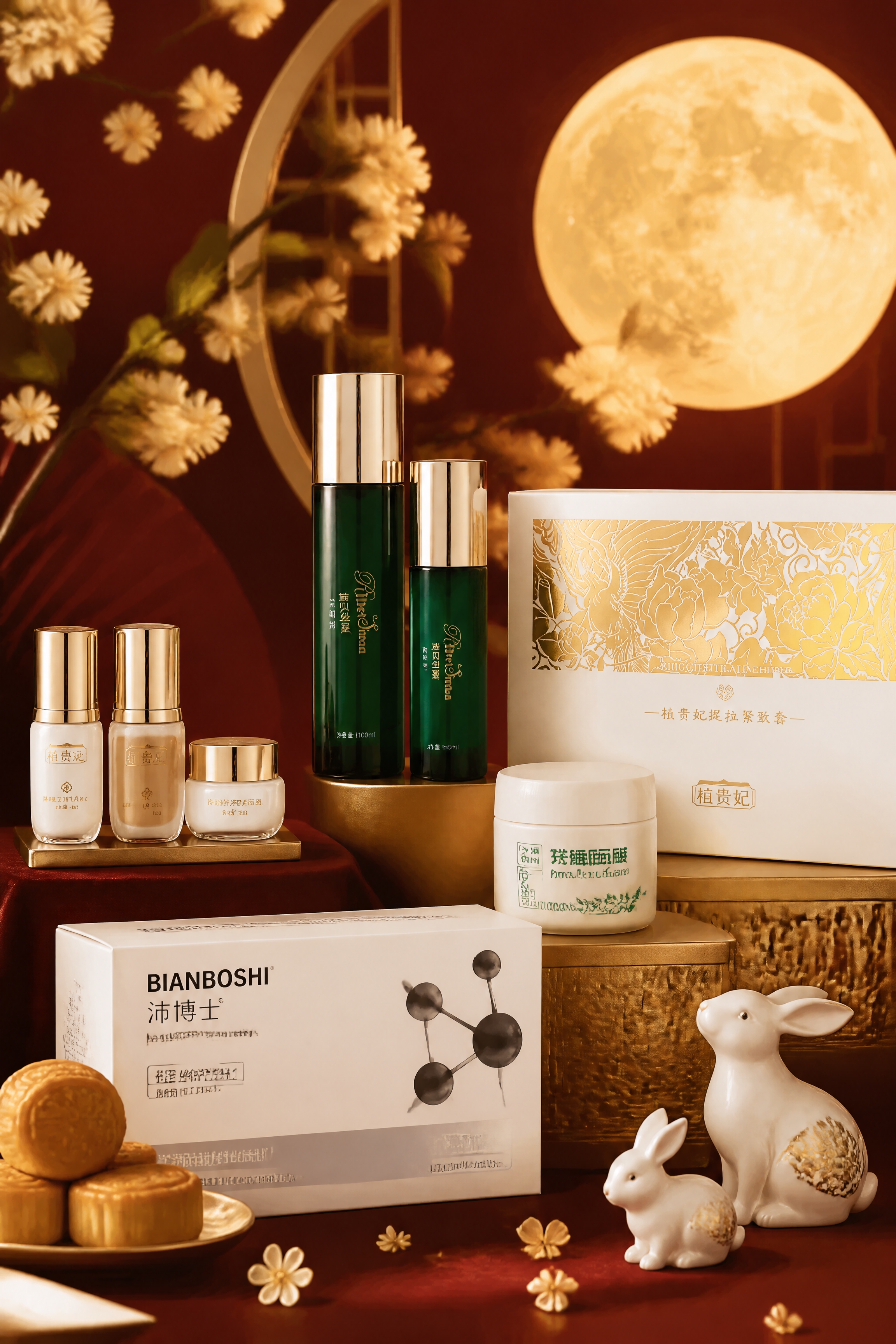 高端中秋礼品组合图，将6款护肤品组合摆放在一起，包括植贵妃三件… - 图片创意预览