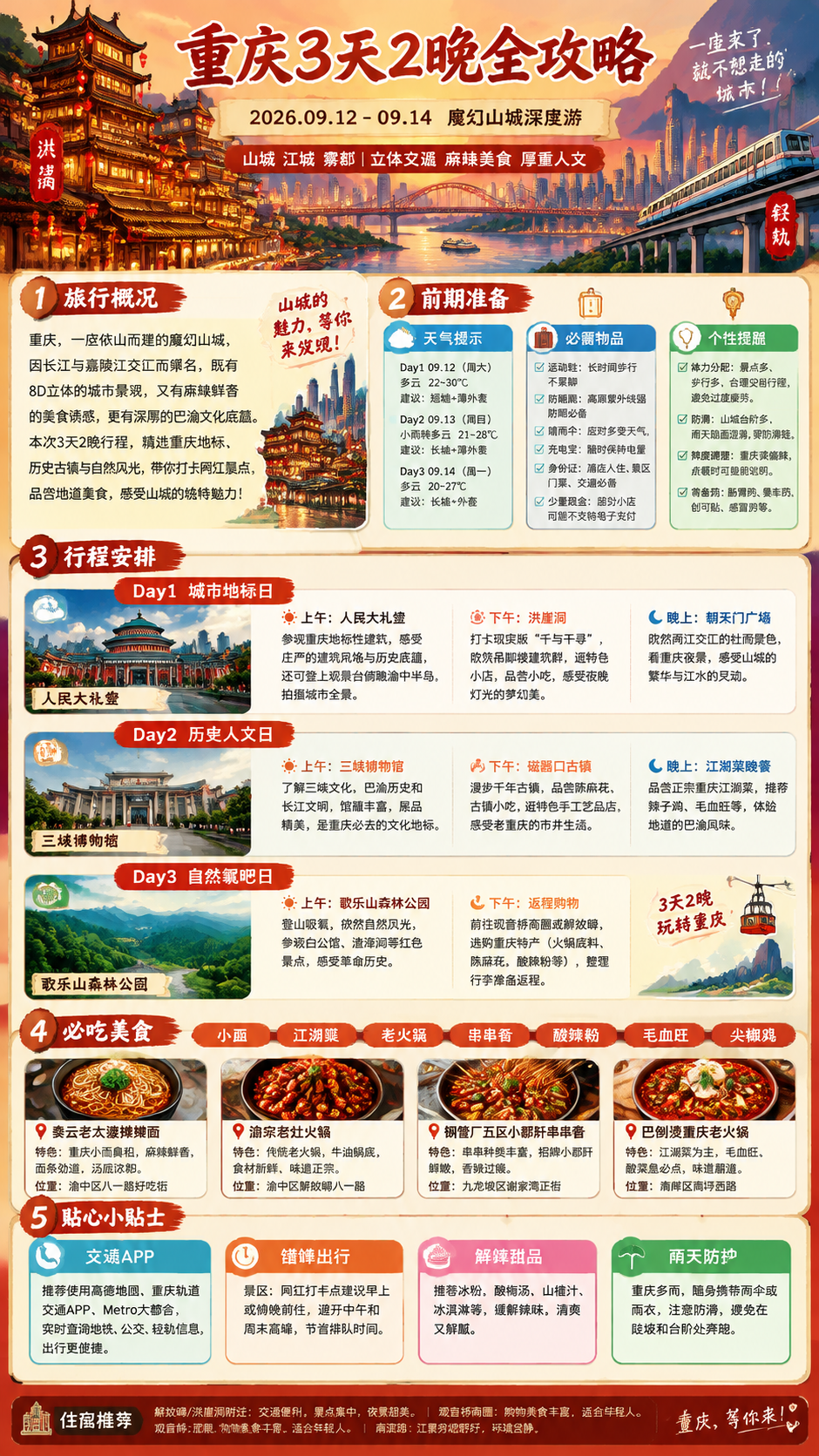 一张重庆3天2晚详细旅游攻略竖版长图海报，9:16比例，国潮手… - 图片创意预览