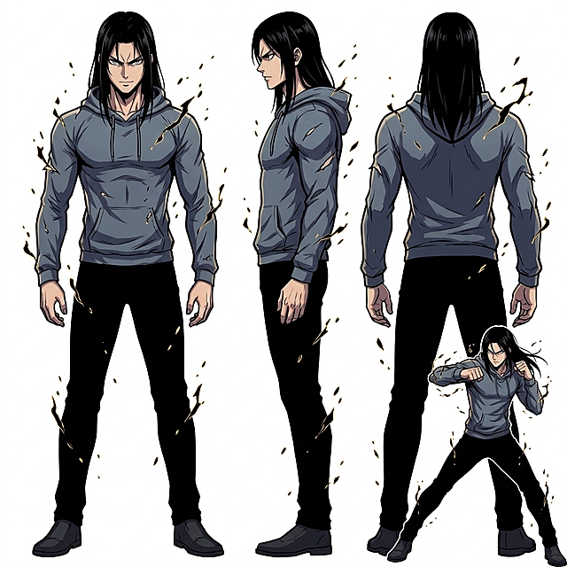 Based on the reference image, change the female character to a male character: keep the long flowing straight black hair reaching shoulder blades, sharp piercing silver-gray eyes with fierce confident gaze, muscular toned teenage body. Change to male, keep the tattered gray-blue hoodie stretched tight across broader shoulders, black slim pants, same pose layout (multiple angles: front, side, back views, action pose), maintain dark shonen anime style, thick dynamic linework, hard-edged shadows, black-gold energy particle effects surrounding body, high contrast lighting, character turnaround sheet, white background, no text, no watermark, consistent male face structure across all angles