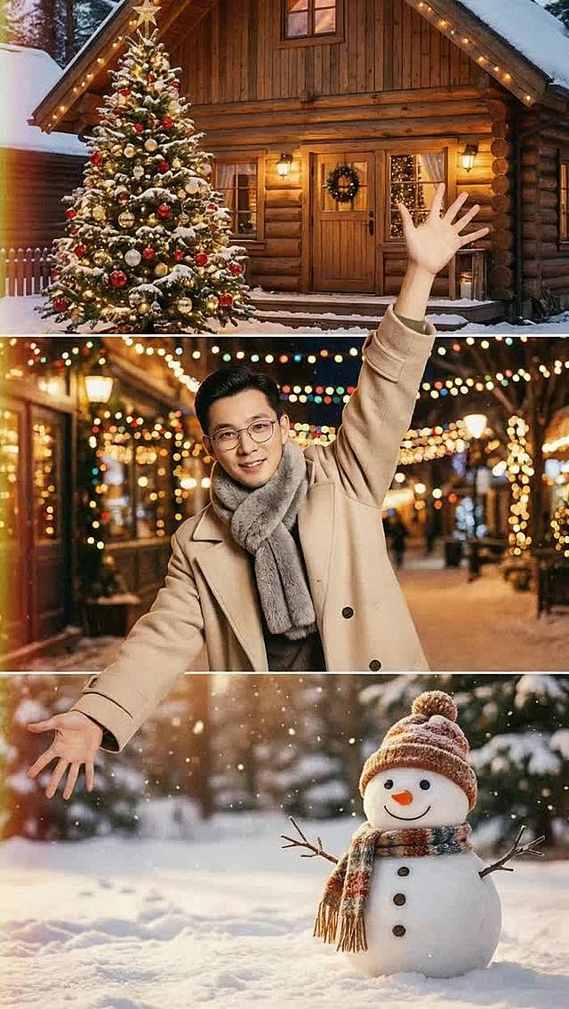 圣诞雪夜，3D重拟物风融合实景感，暖光灯饰与雪屋、雪人营造温馨梦幻氛围，胶片质感增强节日喜庆与油画般的浪漫情调。