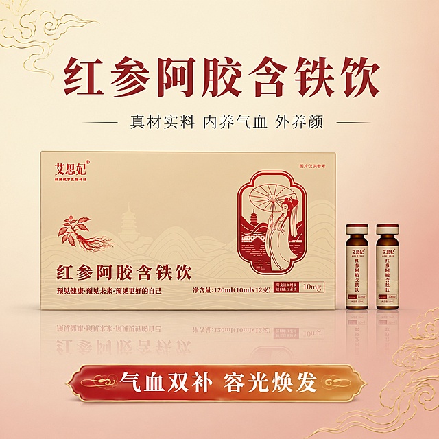 电商产品头图海报，红参阿胶含铁饮单品主图，新中式国潮风格，与参考图特膳单盒风格完全统一。画面中央展示红参阿胶含铁饮米黄色包装盒与两支口服液，产品外观、颜色、材质与输入产品图完全一致，米黄色包装盒配红色仕女图案清晰完整，产品居中陈列，下方有倒影。背景为暖米色到浅红色渐变，左上角和右下角点缀金色简约祥云线条装饰，干净雅致。顶部大标题"红参阿胶含铁饮"，深红色粗体宋体大字，居中。下方小字副标题"真材实料 内养气血 外养颜"，深灰色细体，居中，两侧有短横线装饰。底部有一条如意形装饰条，红金渐变，白色文字"气血双补 容光焕发"。整体画面简洁高级，商业摄影质感，光线均匀柔和，产品立体感强。正方形1:1构图，文字清晰可读，无水印。
