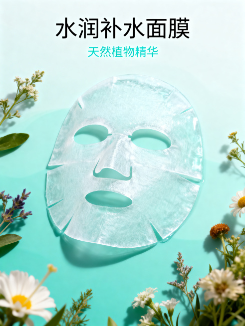 面膜包装设计，简约清新风格，主体是一片补水面膜，放置在浅青色渐变背景上，带有自然植物花卉点缀，整体干净通透，符合美妆产品设计调性预览效果