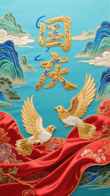 国潮风格庆祝国庆主题，主体为“国庆”二字（采用金色刺绣质感，带有精致花纹纹理，部分笔画辅以蓝色刺绣点缀），搭配两只姿态灵动的金色和平鸽（翅膀有金属光泽与细腻羽毛细节）；背景是带有华丽织物纹理与自然褶皱预览效果