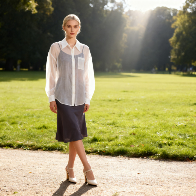 将参考图中的服装穿在乌克兰模特身上，模特五官精致立体，身高168cm身材比例修长纤瘦，保持服装原有颜色和长短比例不变，严格按照图片服装款式穿着，穿着动作自然贴合衣服风格。背景是大自然户外公园草地远景，预览效果