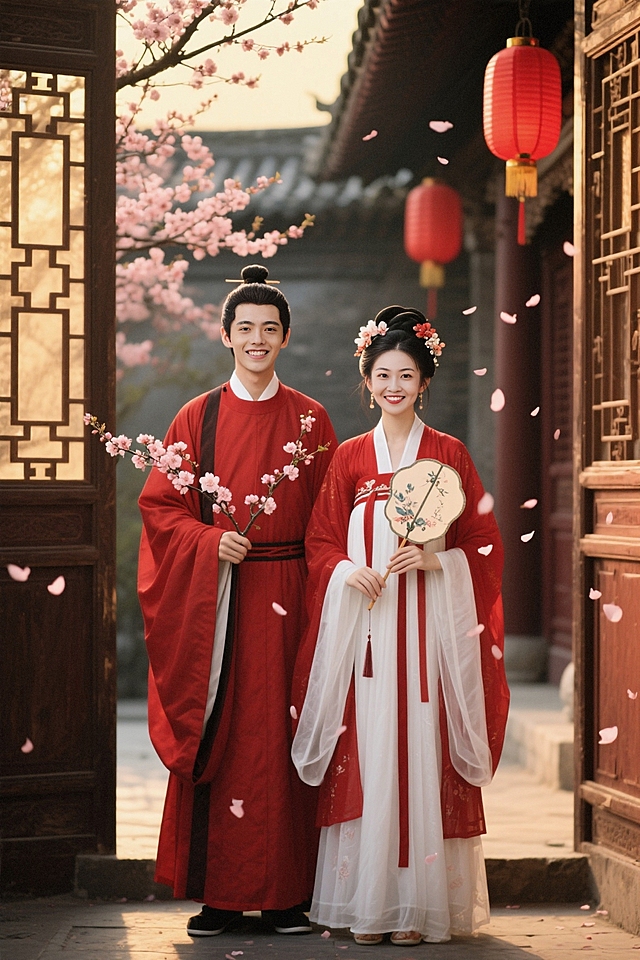 工笔风融合国潮元素，红白相间的汉服映衬春日樱花，暖光晕染中式庭院，红灯笼与飘落花瓣营造喜庆浪漫氛围，尽显古典优雅与温馨唯美。