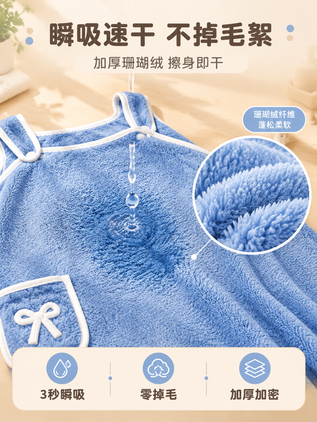 [商品] 使用【图2】蓝色珊瑚绒浴裙；保留吊带孔、白色包边、蝴… - 图片创意预览