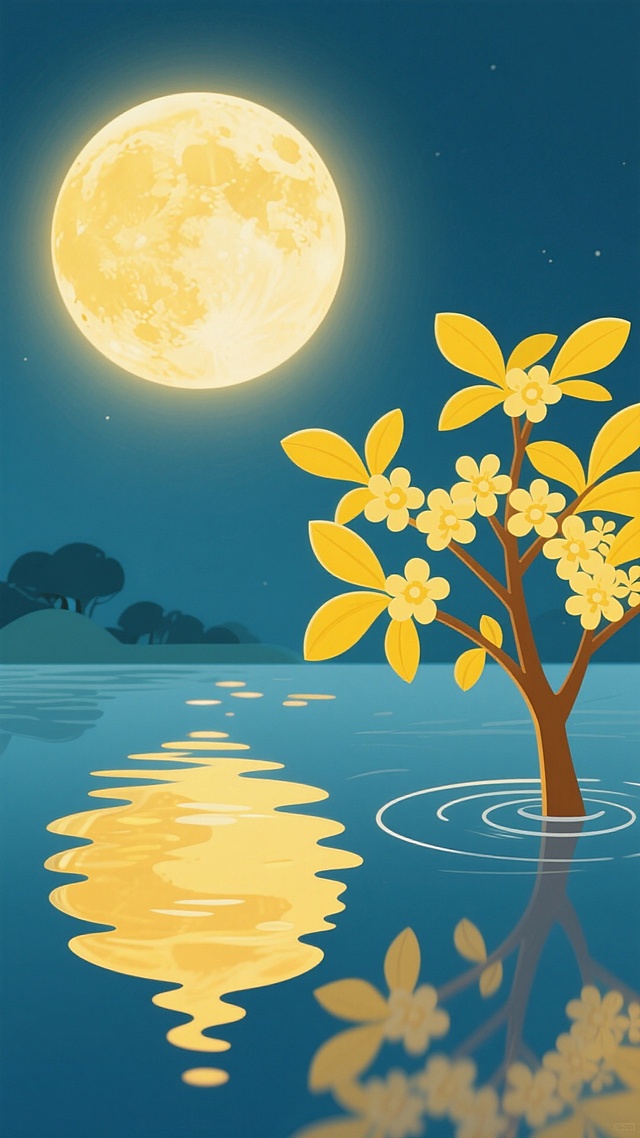 月光倾泻湖面，金花树静立水中，水彩风插画勾勒出梦幻静谧的中秋夜景，扁平设计融合虚拟自然之美。