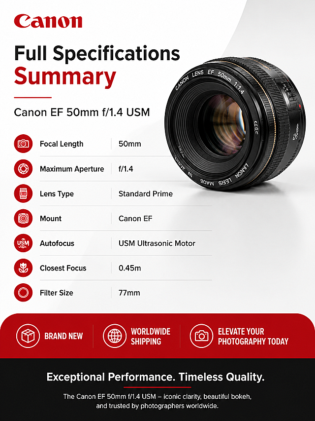 根据佳能EF50 f/1.4 USM产品图生成6张带场景突出产品卖点的速卖通主图，设计一套完整的10屏详情页，需要每屏详情页都突出产品的卖点，输出的图片每一屏都必须是竖版的 3:4 尺寸，简约符合佳能的品牌调性，高转换率，英文文案，文字清晰，图标完整