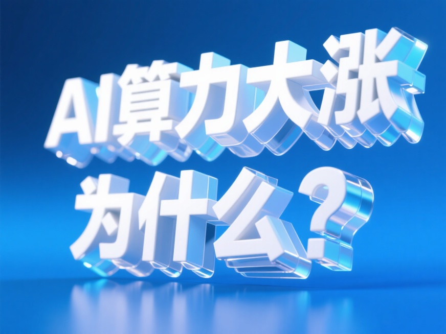 白色立体艺术字“AI算力大涨 为什么？”，多层白色玻璃厚度，文字边缘有高光效果模拟出光线照射的质感，周围蓝色AI科技风格预览效果