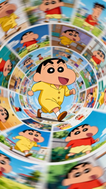 画面中有许多经典的蜡笔小新动漫场面呈螺旋状排列，主人公小新在旋转的海报中行走。固定聚焦在小新身上，周围呈现朦胧模糊、涂抹、拖影的效果。预览效果