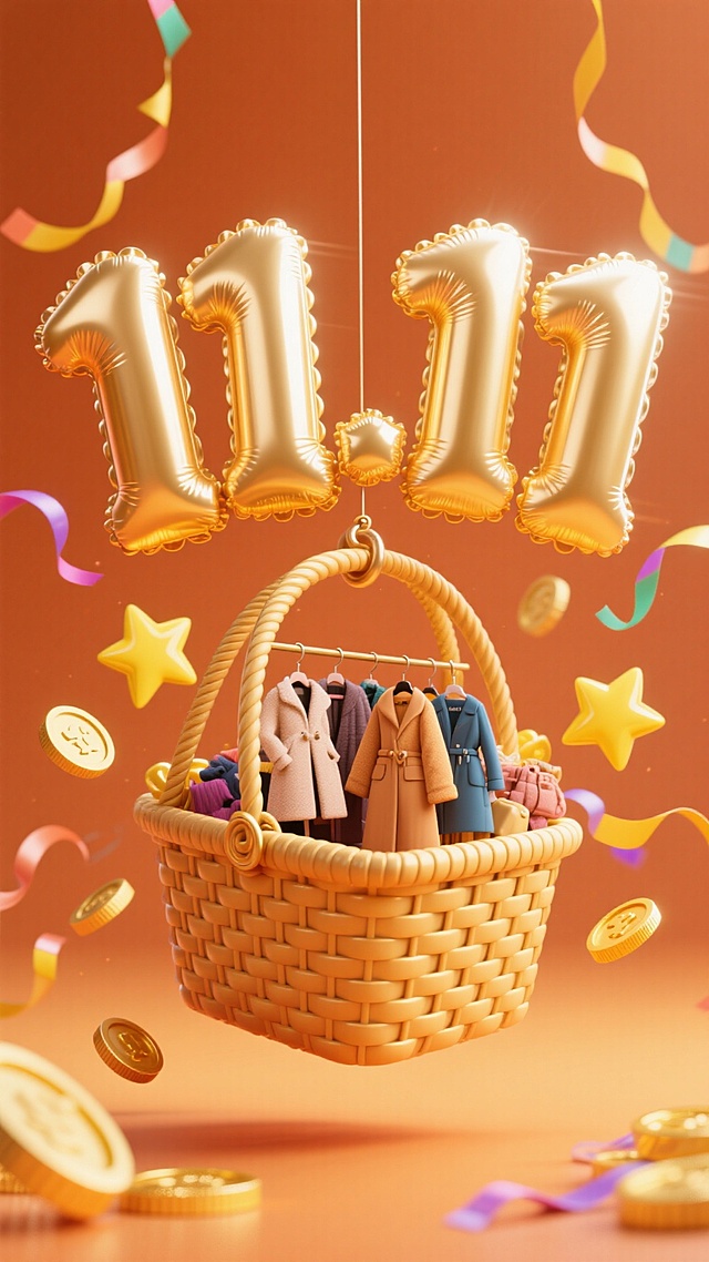 3D风与重拟物风结合，金色“11.11”气球悬浮于编织篮之上，内藏时尚服饰，鎏金质感搭配充气元素，营造喜庆梦幻的双11购物狂欢氛围。