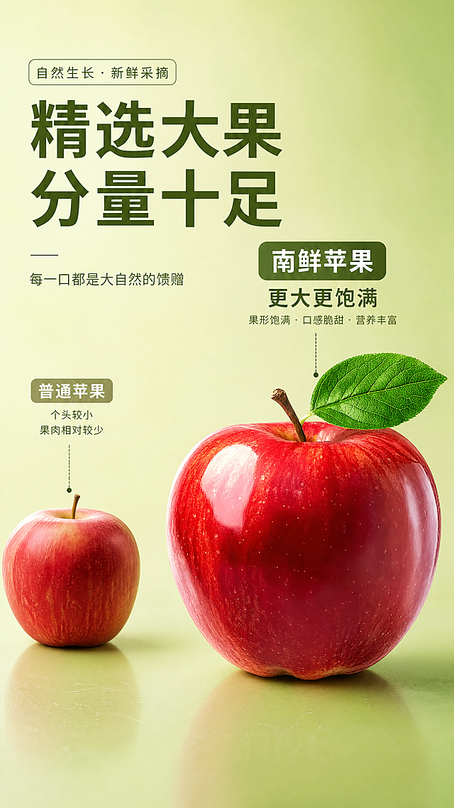「图片1」，生成一套详情页，商品名称为南鲜苹果，适配淘宝/天猫平台，单图比例为9:16，需求屏数为8张。