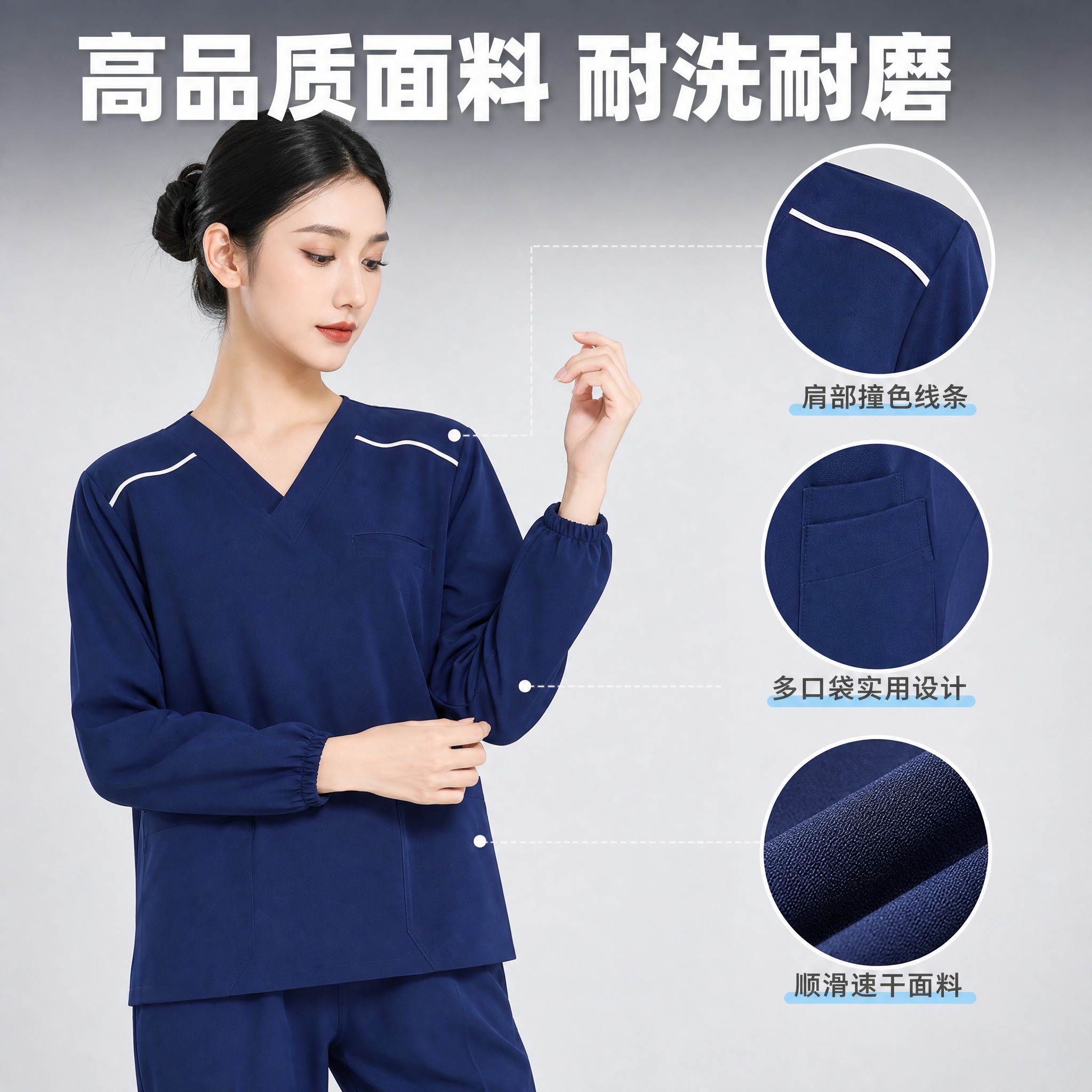 [主图-2] 功能面料与细节展示图，主题为洗手衣面料性能与结构… - 图片创意预览