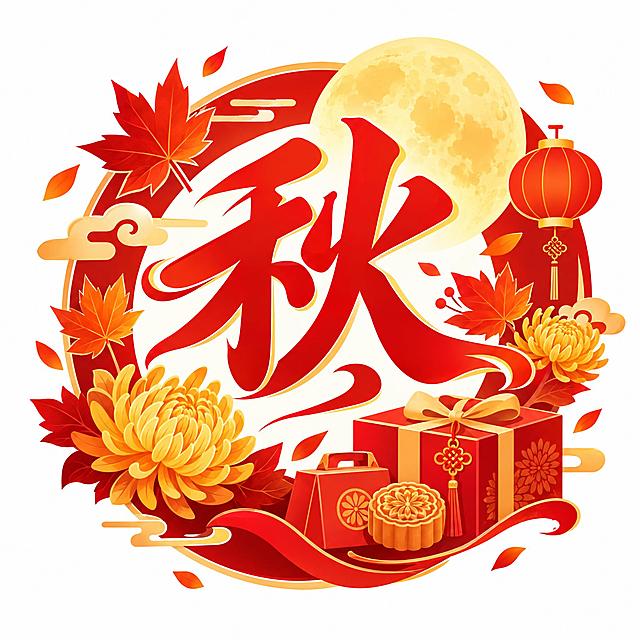 中秋节商城小图标，中心是一个大大的红色'秋'字，字体飘逸有设计感，周围环绕着枫叶、菊花、月亮、礼盒等中秋秋天元素装饰，整体红色喜庆风格，朱红色为主色调，搭配橙红色和金色点缀，扁平化设计，简洁现代，适合电商商城秋季促销使用，白色背景，图标清晰精致，矢量风格，秋日节日氛围