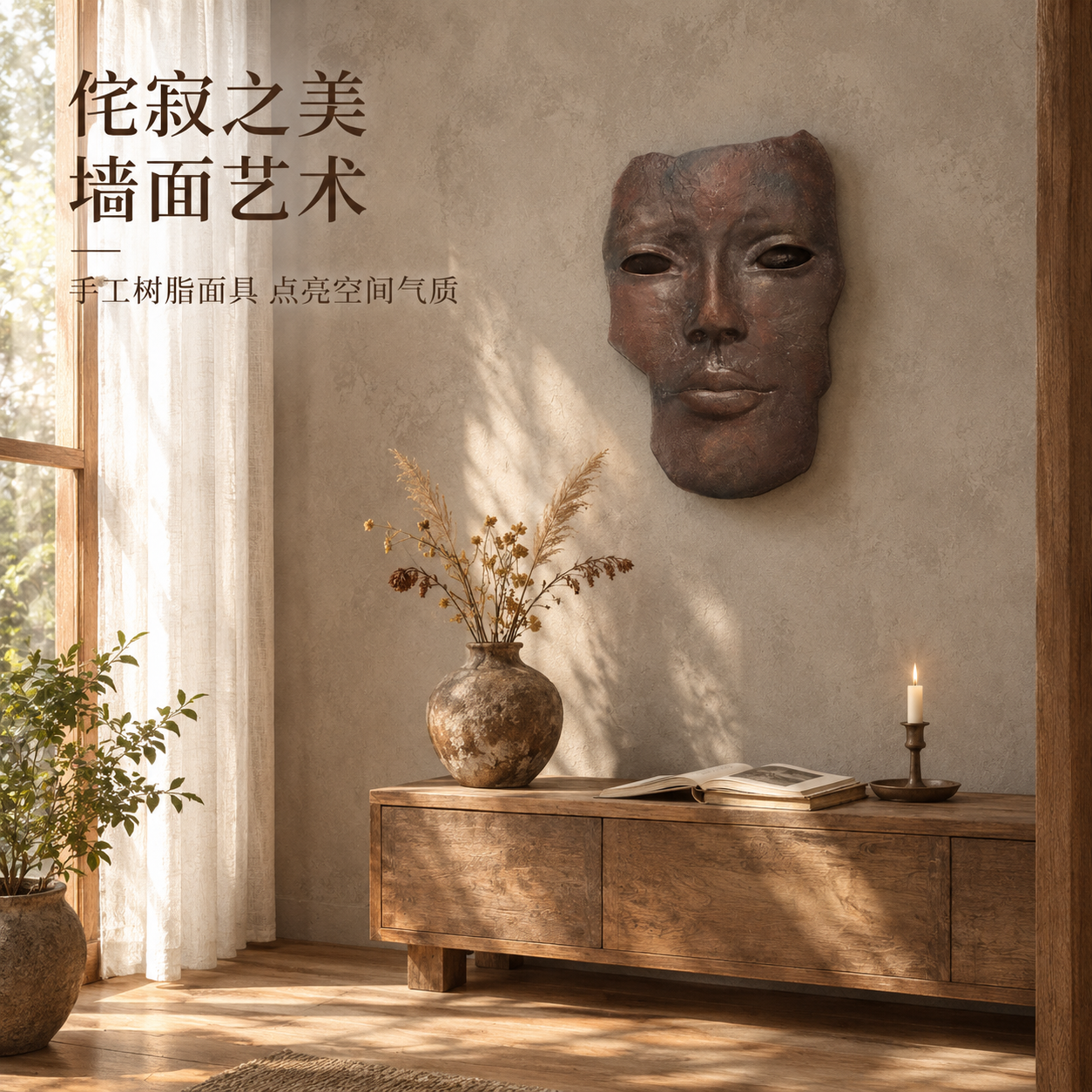 [场景图] 复古做旧人脸面具墙面装饰挂件，侘寂风客厅玄关场景展… - 图片创意预览