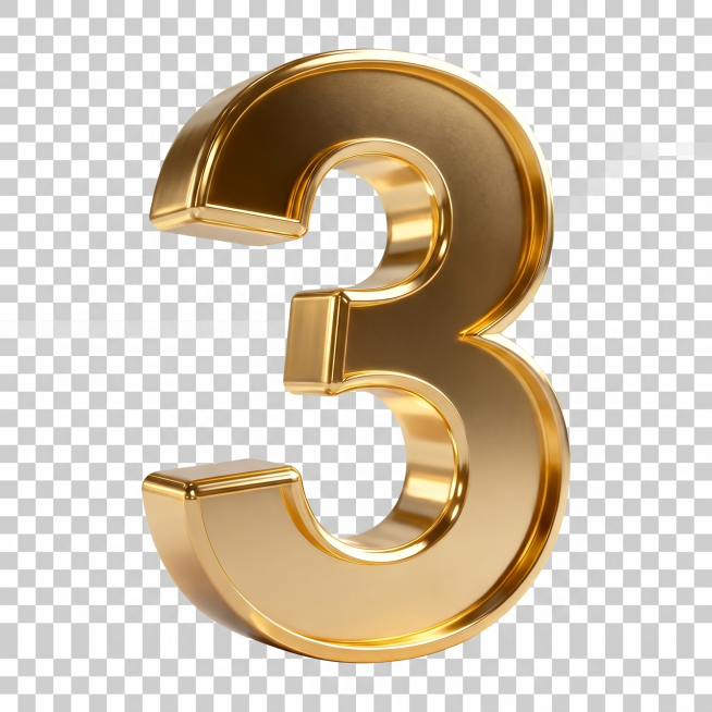 参考参考图片的金属金色立体风格，生成数字3，亮面金色3D立体效果，透明背景预览效果