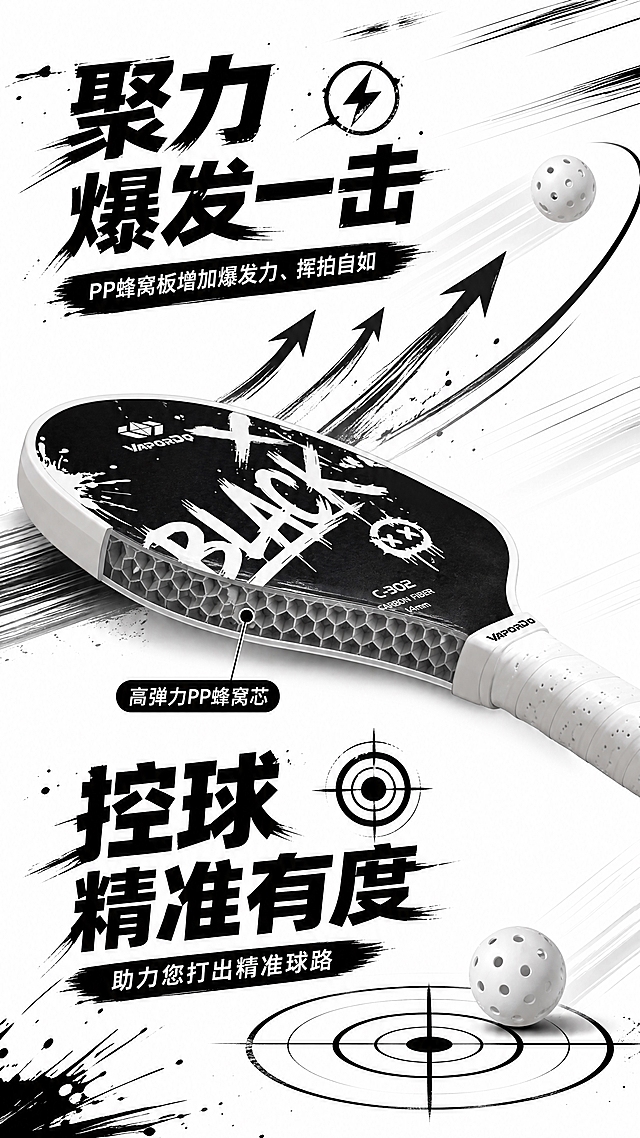 [商品] 使用【图1】匹克球拍；保留整体外形、拍面图案、Logo、边条、手柄结构；商品处理：做剖面透视效果，展示内部PP蜂窝芯结构，外部保持产品原貌。
[画面] 聚力爆发+精准控球双功能卖点页，目标展示PP蜂窝芯的双重性能；上下分层构图，上半区45%讲爆发力，下半区45%讲精准控球，中间球拍剖面贯穿；球拍侧视角度，内部蜂窝结构用半透明剖面展示；上方用动态箭头和运动轨迹线表现「爆发力」，下方用精准瞄准线和靶心表现「控球」；背景纯白，点缀动感涂鸦线条和速度线；阅读动线从上至下。
[视觉] 套系策略：风格=干净涂鸦风电商详情页，白底+黑白涂鸦元素点缀，潮酷运动感；标题字=粗黑体+涂鸦笔触效果，硬朗有力量感；正文字=简洁无衬线黑体；主色=黑白（从产品提取）；背景延展=纯白底+局部黑色泼墨/手绘线条/涂鸦符号做深浅层级；强调色=黑色，仅用于涂鸦元素、引线、图标、标签；标题色=黑色；正文色=深灰；组件=涂鸦风动态箭头、速度线、靶心图标、手绘引线；光影=侧前方柔光，剖面层次分明，立体感强。
[文字] 上半区主标题「聚力爆发一击」，副标题「PP蜂窝板增加爆发力、挥拍自如」，配爆发力图标；下半区主标题「控球精准有度」，副标题「助力您打出精准球路」配瞄准靶心图标；中间剖面处标注「高弹力PP蜂窝芯」；文字横向排版，上下两区对称分布。
[规格] 淘宝/天猫详情页单屏9:16竖版，4K分辨率，负向提示：避免产品变形、剖面结构失真、文字过小、杂乱背景、低分辨率。