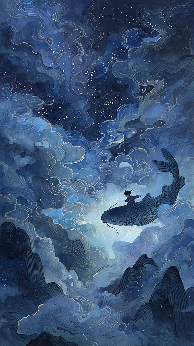 A Chinese ink painting of a child riding a giant koi fish through a starry galaxy, dreamlike swirls of indigo and silver, ethereal mist, delicate brush strokes, cosmic clouds shaped like mountains, surreal and poetic. --ar 9:16 --style raw