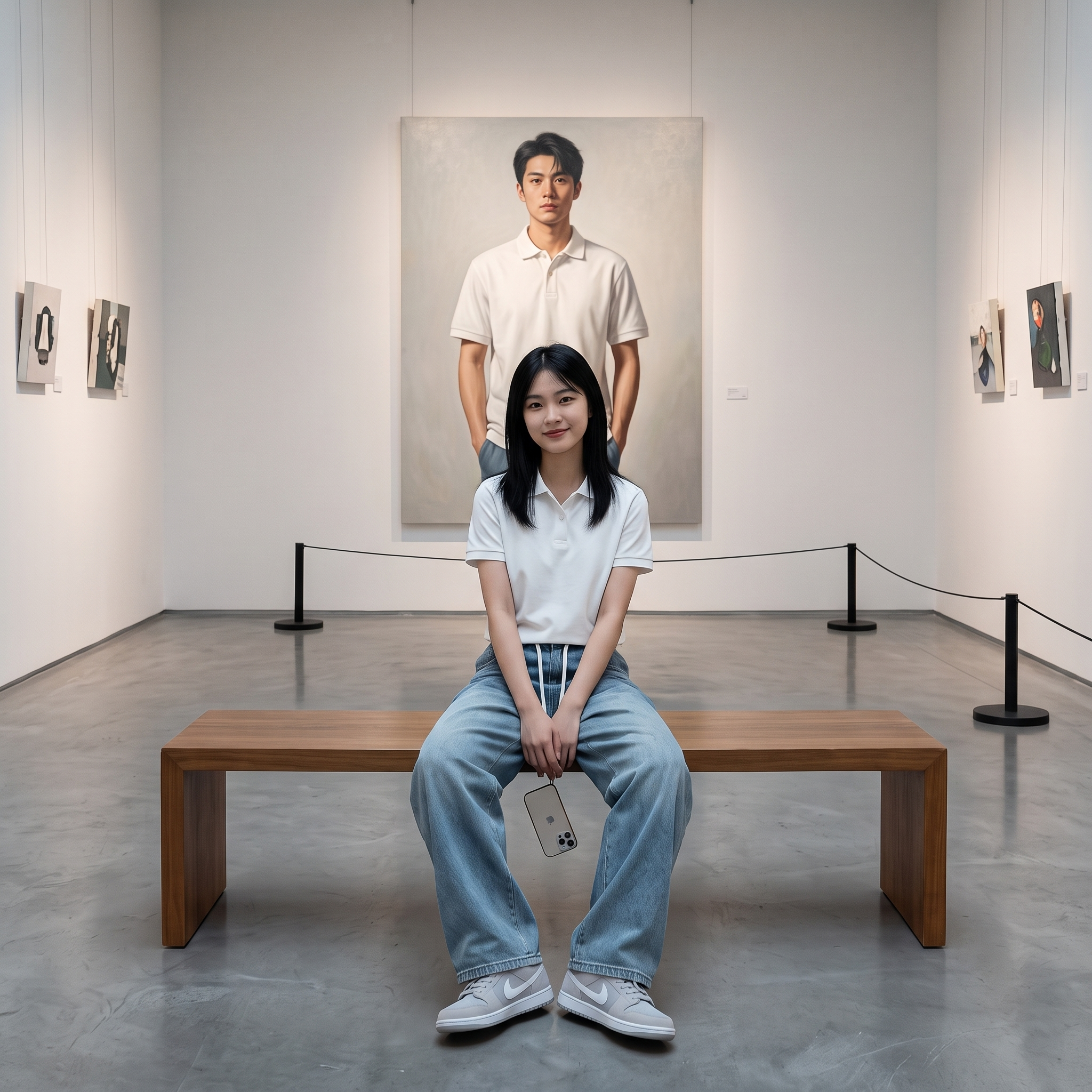现代极简艺术展厅场景。浅白墙面搭配冷灰色水泥地面，轨道射灯营造… - 图片创意预览