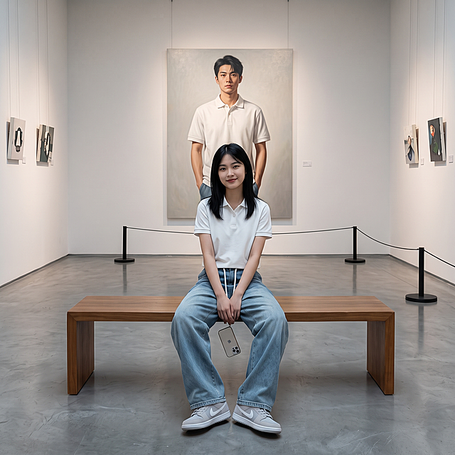 现代极简艺术展厅场景。浅白墙面搭配冷灰色水泥地面，轨道射灯营造柔和均匀的布光。展厅中央，一位清冷气质的18岁东亚年轻女生端坐于横向长木凳上，她留着黑长直发型，身穿图中浅蓝色抽绳阔腿休闲牛仔裤，上身搭配白色polo衫，脚踩浅灰色耐克板鞋，双手自然搭在腿上，手中垂着一副新款苹果手机，面带浅笑，直视镜头，神态平静松弛。她身后是一幅等身大的男性写实油画，画中人物穿着同款polo衫，双手插兜，与女生形成呼应式穿搭。展厅两侧墙面挂有小幅艺术画作，地面设有黑色隔离立柱，整体氛围清冷高级，兼具艺术感与穿搭展示性，光线柔和且层次分明，突出人物与画作的互动感