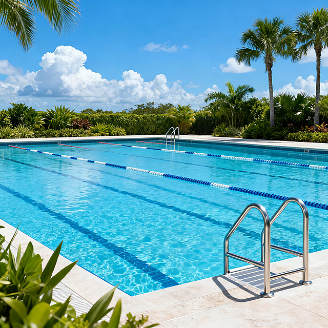 室外钢结构泳池主图，1:1比例，高清摄影风格，蓝色清澈池水，泳道线清晰，周围有绿色植物和棕榈树，蓝天白云背景，不锈钢扶手和梯子，现代休闲氛围，突出泳池的实用性和美观性