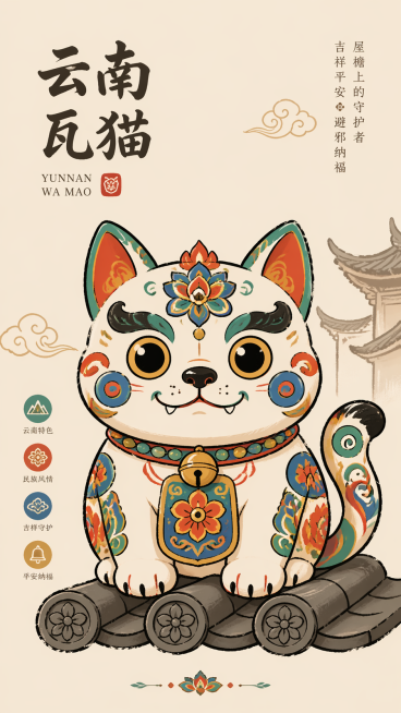 适用于文创产品的云南瓦猫形象，手绘风格，线条简约流畅，造型憨态可爱，保留云南瓦猫的传统特征，配色富有民族特色，适合应用于各类文创产品预览效果