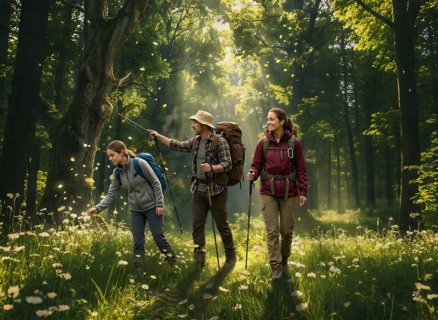 画面中有三个徒步探险者预览效果