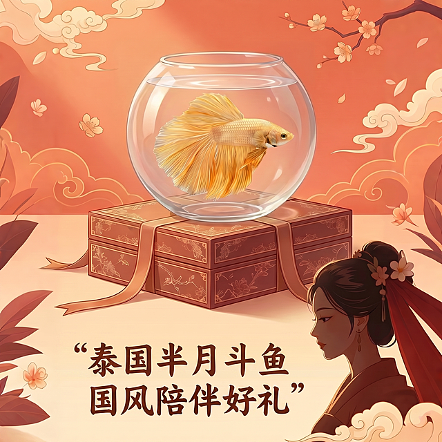 [主图 10] 统一调整为同款圆形玻璃缸，增大主品占比，让鱼缸占画面60%-70%，修正文字适配泰国斗鱼半月；保持原有国风暖橘粉色调、古风意境和画面风格不变，调整文字内容为准确卖点，保持文字清晰、对比明显、不遮挡主体，符合拼多多主图规范；商品主体占比严格控制在60%-80%，保持斗鱼外观、颜色和质感与原图一致，杜绝变形和色差；商业摄影质感，光线柔和通透，产品清晰真实，画面干净高级；1:1比例，2k分辨率文字清晰可辨，超高清；负向提示词：变形，水印，文字错乱，产品图模糊，背景杂乱
