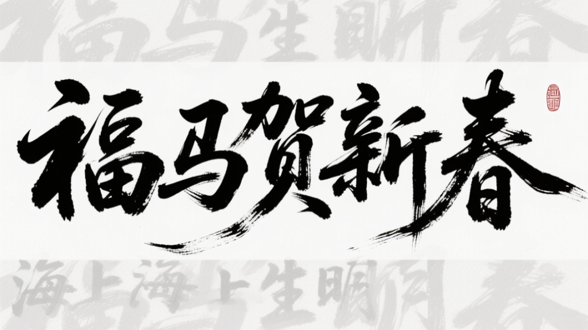 参考图中黑色字体的字形，生成文字“福马贺新春”，白色背景。字形可以再飘逸个性一些预览效果
