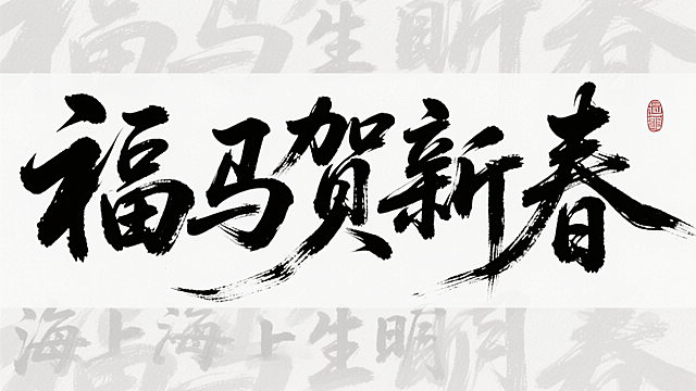 参考图中黑色字体的字形，生成文字“福马贺新春”，白色背景。字形可以再飘逸个性一些
