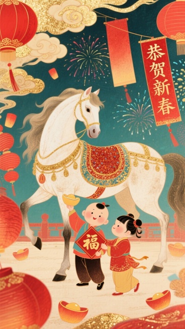 风格：国潮喜庆新春插画风格，暖色调（主红色 + 金色渐变），细腻线条搭配渐变质感，画面饱满层次丰富
主体：国潮祥瑞骏马，神态灵动喜庆
元素：两个手持 “福” 字的一男一女卡通小童（与骏马互动）、“恭贺预览效果