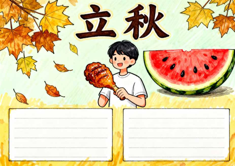 二十四节气之立秋主题横版A4手抄报，马克笔手绘风格，画面包含梧桐落叶、立秋贴秋膘、西瓜元素，顶部“立秋”大字标题，预留文字框，体现入秋氛围，尺寸A4横版预览效果