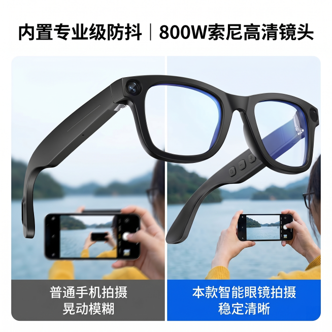 淘宝商品功能对比主图，1:1方形构图，产品为黑色智能摄像眼镜，镜片无色防蓝光，摄像头在镜框单侧正对视野前方，按键在镜腿上方。画面左右分栏对比展示：左侧是普通手机设备拍摄的画面，效果为晃动模糊；右侧是本预览效果