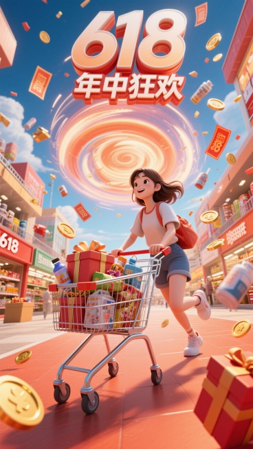 3d风格，科技感。画面文案：顶部大标题“618”和副标题“年中狂欢”。画面视觉：一个穿着休闲装的女孩，推着购物车，购物车里装着一些礼物盒和商品，周围有优惠券和金币，背后是节日氛围的漩涡，漩涡周围飘散着预览效果