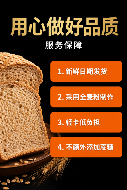 修改全麦面包服务保障图：1. 将标题“好品质 敢承诺 四大服务保障”改为「用心做好品质 服务保障」，保持金色大字和下方白色小字排版；2. 去掉所有“【退】”和“不是XX就退”表述，修改四条承诺为：1.预览效果