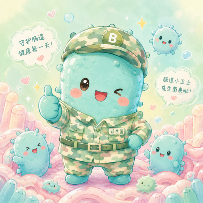 Q版蓝绿色益生菌穿迷彩服，马卡龙色系治愈风格，卡通手绘微生物形象预览效果