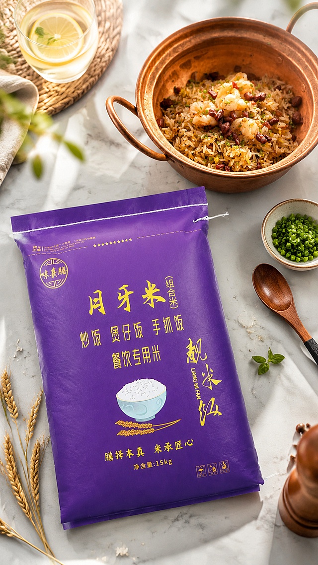 INS风格餐饮美食摄影，9:16竖幅构图。
主体：紫色月牙米大米包装袋严格参照上传图1，完整保留所有文字、logo、颜色、材质与图案细节，与原图完全一致；铜锅虾仁炒饭严格参照上传图2，米饭颗粒分明油亮有光泽，虾仁饱满，腊肠丁与葱花点缀，极具食欲感。
构图：大米包装袋位于画面下半部分偏左，为第一视觉主体，占画面约45%；铜锅炒饭位于画面上半部分偏右，与包装袋形成呼应；两者之间留有合理物理空间，无穿模重叠。45度俯拍视角。
风格：INS风美食摄影，清新明亮，高级质感，暖调氛围，种草感。
场景：精致餐饮桌面场景，浅灰色大理石台面。
点缀背景：①包装袋旁，散落几支金黄稻穗与几粒白米；②铜锅旁，一小碟翠绿葱花与木质餐勺；③背景虚化处，浅木色餐垫与一杯温热柠檬水；④桌面点缀少许新鲜香草叶与胡椒研磨器。
配色/材质：紫色 / 金黄 / 米白 / 翠绿 / 铜棕；编织袋材质 / 铜金属质感 / 大理石 / 木质 / 玻璃。
光影：午后柔和自然光从左上方45度斜射，米饭表面油亮反光，铜锅呈现温暖金属光泽，包装袋材质质感清晰，整体暖调氛围，阴影柔和自然，景深虚化背景突出主体。
参数：4K超写实美食摄影，浅景深，高细节质感。严格锁定宽高比为9:16。