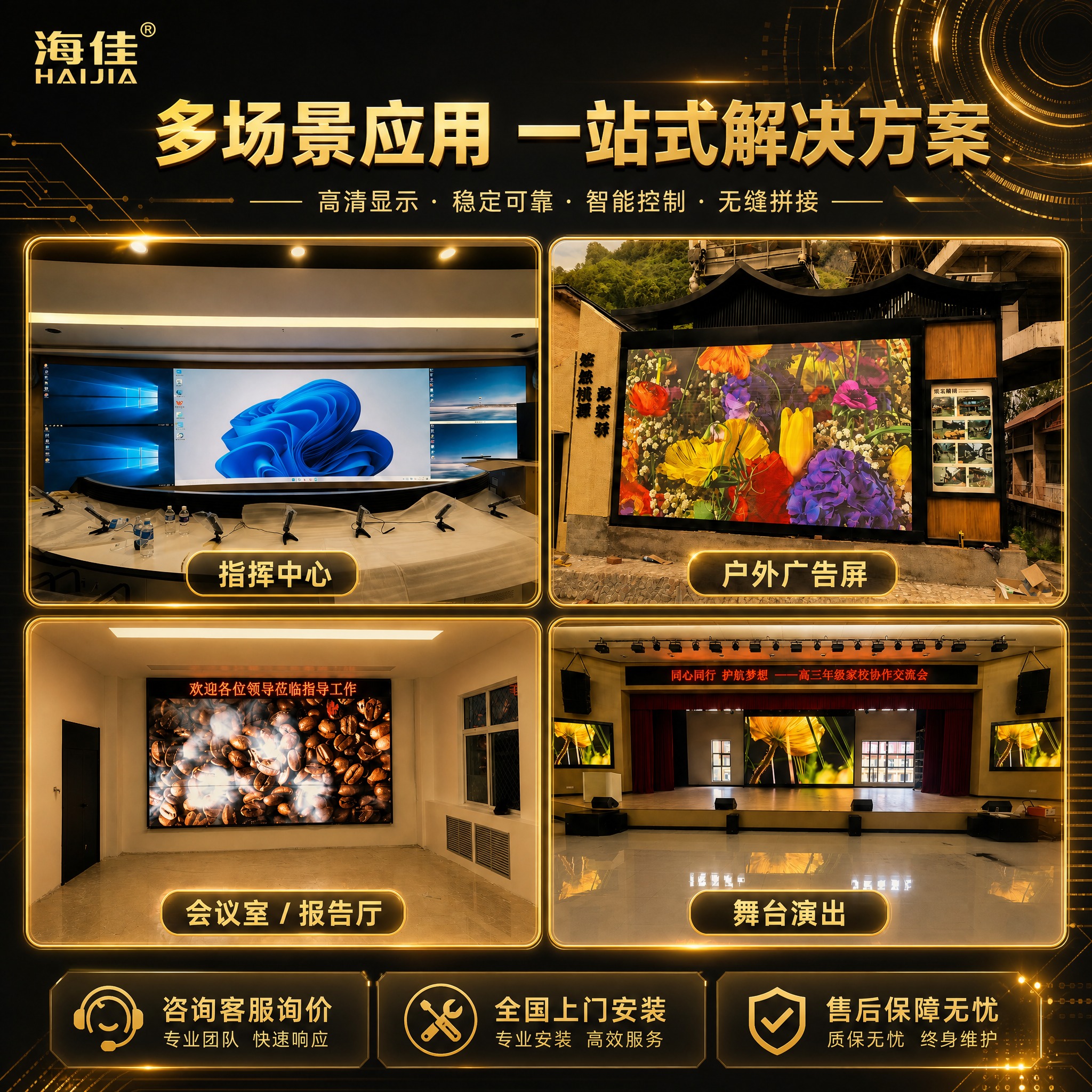 将这张海佳LED多场景应用主图改为金色科技风。整体色调改为金色… - 图片创意预览