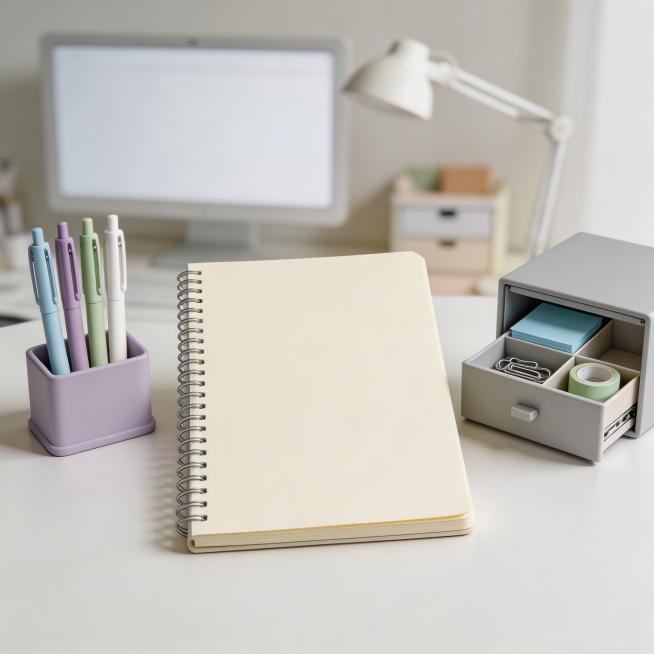 正方形居中构图抖音头像，画面视觉C位整齐摆放三大核心爆款办公文具：莫兰迪色系按动速干中性笔、加厚护眼线圈本、抽屉式桌面收纳盒，中性笔整齐摆放在笔架上，线圈本平摊展示护眼纸张质感，收纳盒分类摆放文具，直预览效果