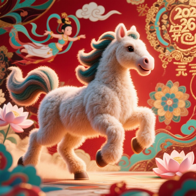 2026马年元旦主题，敦煌壁画风格，毛绒绒质感的插画，画面中可以有奔腾的骏马，马的身体覆盖着柔软蓬松的绒毛，色彩采用敦煌壁画经典的朱砂红、石青、石绿、金色等，背景融入敦煌飞天元素、祥云图案和莲花纹样，预览效果