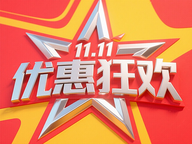 “11.11 优惠狂欢"字体，银色金属质感，所有斜笔画向内挤压为弧形锐角，膨胀风向内挤压的弧形笔画设计，字形结构宽大，粗笔画有明显的的粗细变化，酸性风现代艺术字设计，以十字星图形提取笔画灵感，先锋艺术，背景是红黄色。