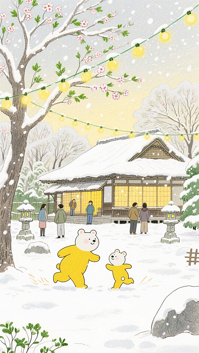 水彩风插画，拟人化小熊在雪中嬉戏，樱花树与暖灯点缀，营造冬日温馨梦幻氛围，融合浮世绘元素，传递节日温暖。