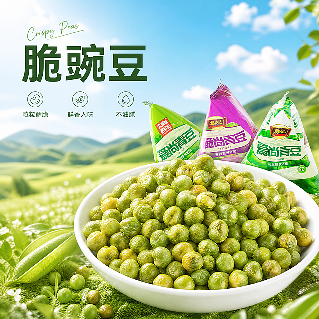 [单张主图] 商品名称脆豌豆（青豆），高级氛围感主图，打造治愈多巴胺美食风格电商主图。
[画面主体] 白色碗装满脆青豆置于画面中下方，占比约60%，碗后摆放三袋不同口味的爱尚青豆小包装袋，保持脆豌豆外观、颜色、颗粒质感以及包装袋品牌Logo与输入产品图绝对一致，杜绝任何变形和色差，精细化处理，粒粒豌豆清晰诱人，展示酥脆质感。
[构图版式] 选用原生成分型版式，产品融入蓝天白云草地原生场景，产品仍为视觉主体，自然元素不遮挡产品和包装袋。
[场景元素] 背景是蓝天白云下开阔的青草地，清新明亮，远处是渐变的绿色草坡，天空飘着几朵蓬松白云，整体是自然户外原生氛围，突出食材天然属性。
[文案版式] 左上自然留白处左对齐排版，大字主文案"脆豌豆"，下方三个轻图标卖点依次排列：粒粒酥脆 鲜香入味 不油腻，主标题旁叠加英文手写体"Crispy Peas"作装饰，文字不遮挡产品主体，整体简洁清晰。
[光影质感] 自然暖阳逆光，光线从上方斜射下来，在豌豆颗粒表面形成通透高光，突出青豆鲜亮的绿色和酥脆质感，草地有柔和漫反射光影，背景草地做浅景深虚化处理，突出产品主体，整体光线明亮通透，商业摄影高清质感，画面干净高级。
[配色字体] 主色调是青豆的鲜绿色、草地的嫩绿色、天空的浅蓝色，色彩清新明快符合多巴胺美食风格，主标题用粗体无衬线字体，卖点用纤细清爽黑体，颜色深绿与浅色背景形成强烈对比，清晰可读。
[比例分辨率] 1:1 比例，4K分辨率，文字清晰可辨，超高清画质。
[负向提示词] 变形，水印，错字，糊字，伪Logo，主体遮挡，背景杂乱，低清晰度，错误结构