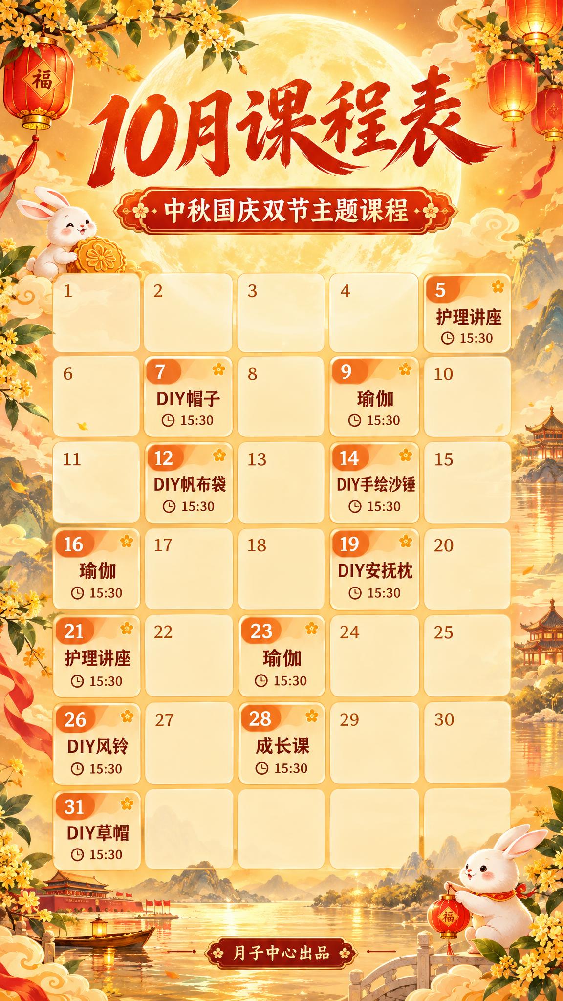 中秋国庆双节主题的10月课程表海报，竖版9:16。暖金中秋国风… - 图片创意预览