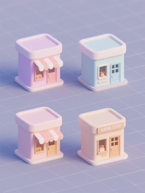 4个等大的3D立体小店铺模型以规整网格状排布在纯色背景上，整体造型简约现代，每个店铺保持圆润边角的卡通化设计风格，具有柔和的哑光材质感和微妙的光影过渡效果，店铺主体颜色分别采用不同的马卡龙色系，每个店铺均有独特的门面细节（如不同样式的遮阳篷、门窗设计或小型店招），整体画面干净无任何文字、logo和水印，保持统一的可爱、清新、治愈的视觉氛围。预览效果