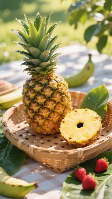 一个新鲜饱满的完整菠萝，顶部翠绿带水珠的叶子自然舒展，菠萝表皮呈现明亮的金黄色并带有深褐色的菱形鳞片纹理，底部散落着几滴晶莹的水珠，旁边放置着一块切开的菠萝露出黄色果肉和黑色果眼，整体置于一个充满夏日气息的木质野餐篮中，篮子周围点缀着几片绿色的芭蕉叶和几颗红色的小草莓，背景是阳光透过树叶形成的斑驳光影效果，光线明亮柔和，突出水果的新鲜质感和自然光泽，整体画面色彩鲜艳明快，营造出轻松愉悦的户外野……预览效果