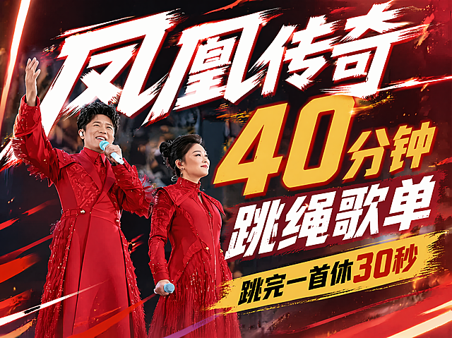 保持原有凤凰传奇人物画面不变，以此图作为海报背景，整体调整为4:3比例的运动风动感海报。添加大标题"凤凰传奇40分钟跳绳歌单"，副标题"跳完一首休30秒"，所有标题字号大、醒目，字体要极具冲击力和张力，文字清晰可读，整体画面动感有活力，排版精美，保留原有红色舞台氛围感，保持人物清晰完整