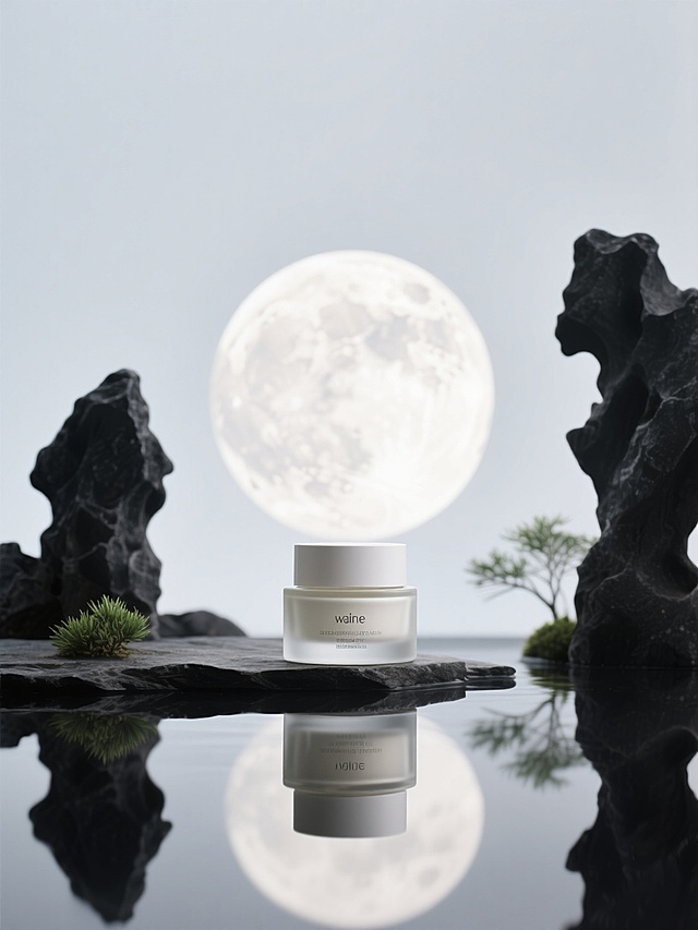 一瓶晚霜特写，后方一个大圆月，倒影，黑色太湖石、小株绿植，东方意境