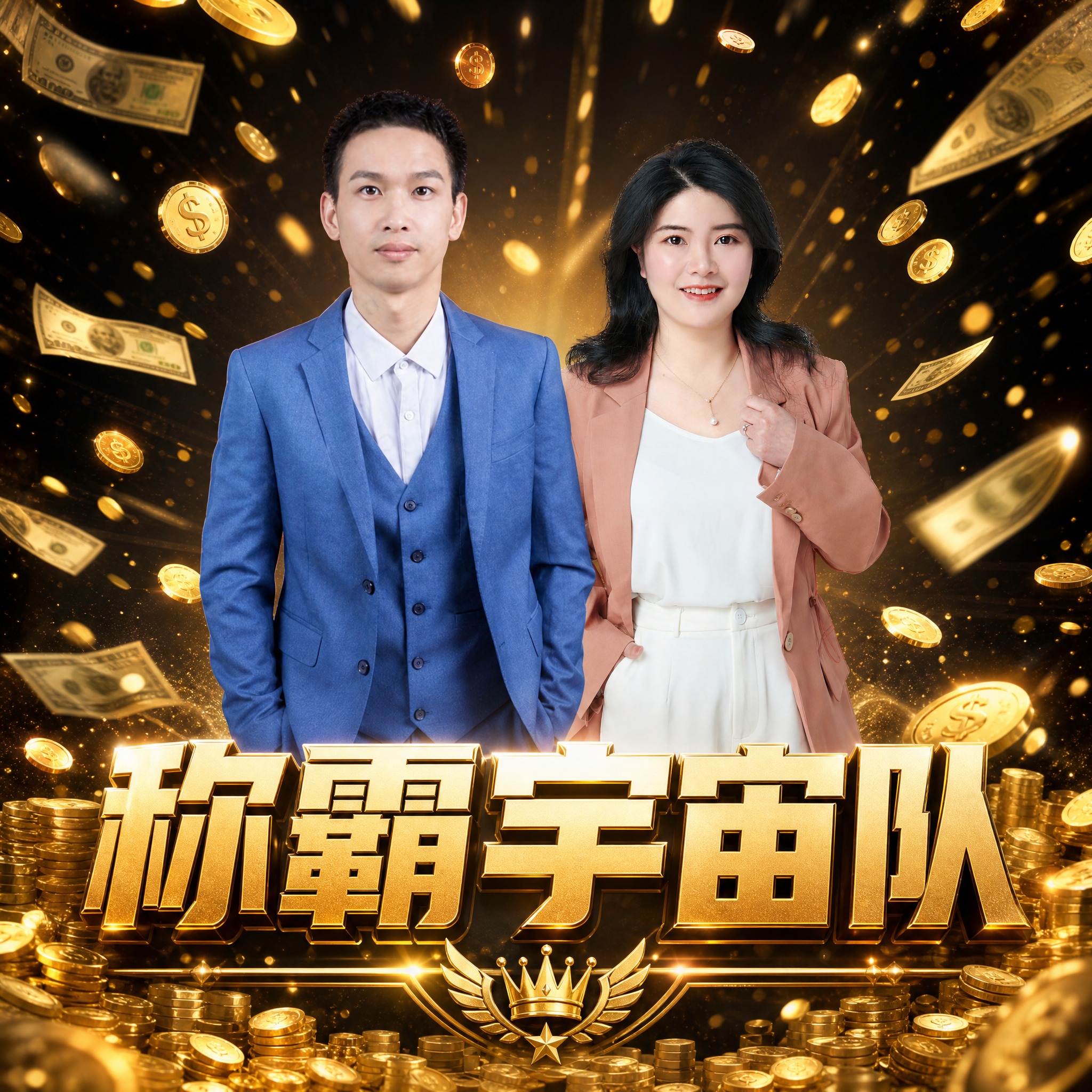 团队形象海报，画面中央是两位商务人士（左侧为穿蓝色西装的男士，… - 图片创意预览
